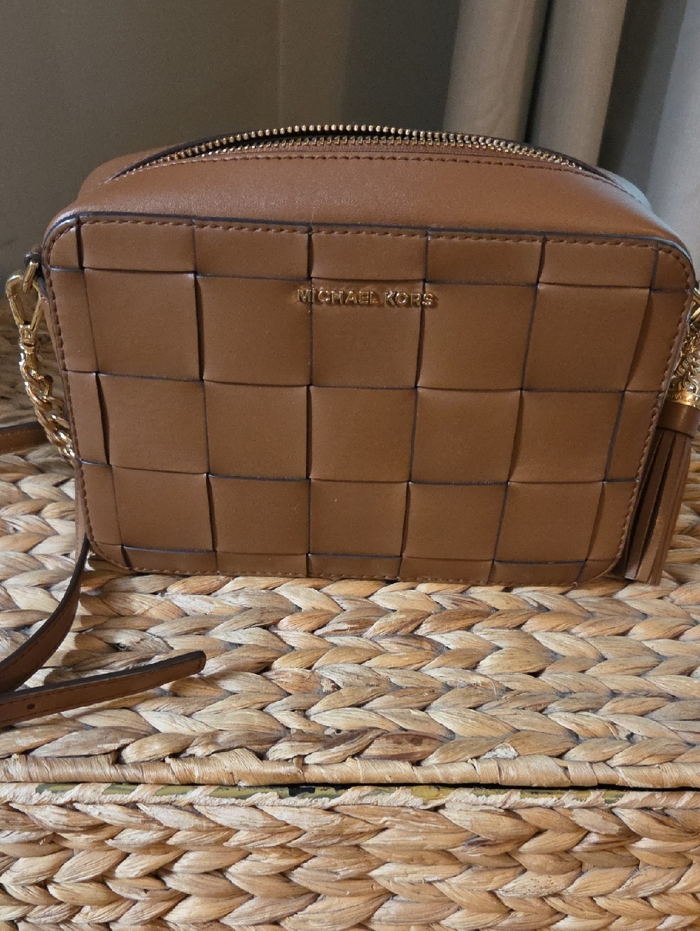 Michael Kors Luggage Tan Woven Leather Crossbody Bag